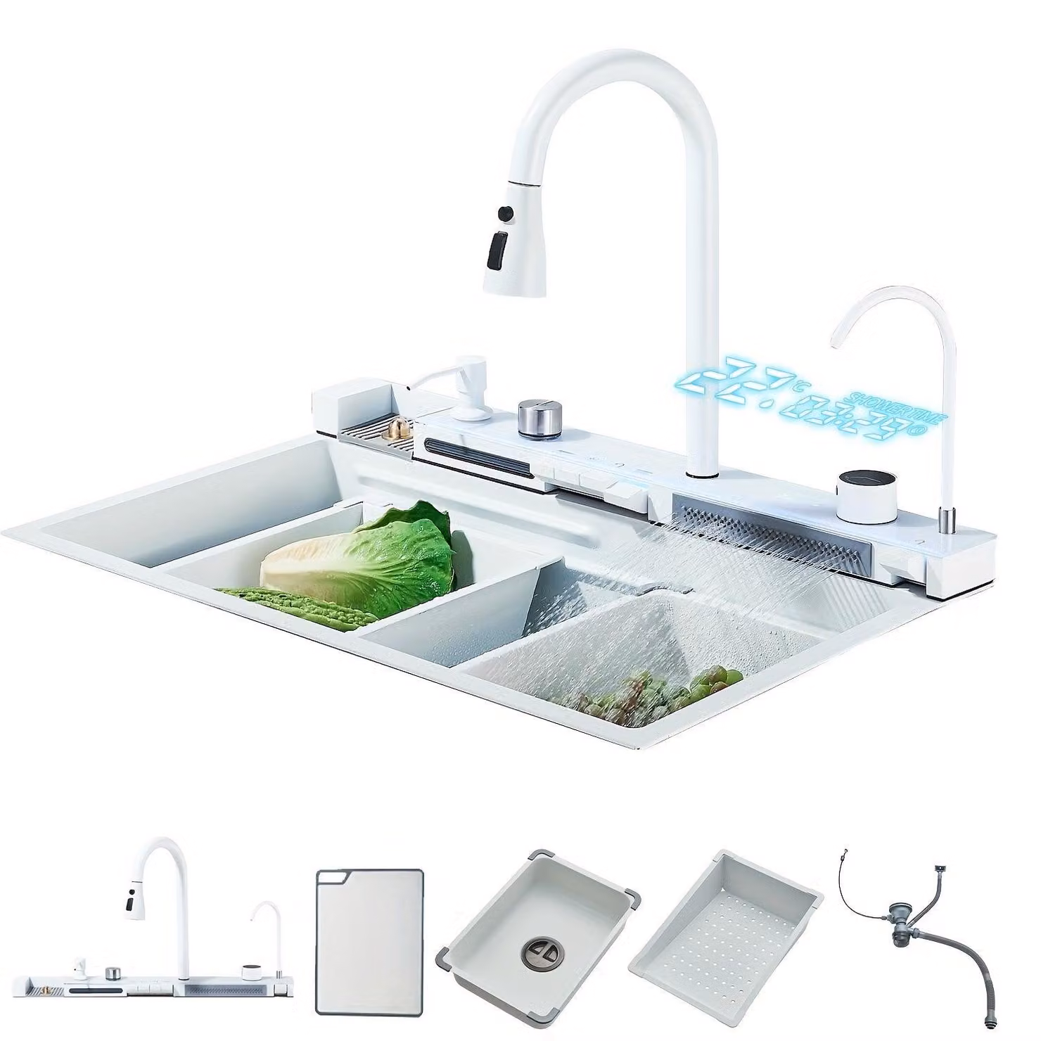 Lavello da cucina – Lavello da cucina "Cascata Bianca" con doppio scarico e rubinetto a cascata digitale – Acciaio inossidabile