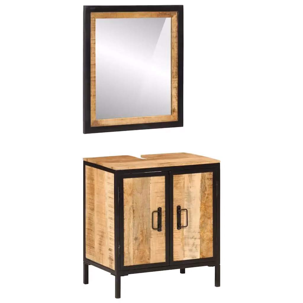 Set Mobili da Bagno vidaXL in Legno di Mango e Metallo Stile Industrial, Colore Marrone, Composto da Mobile Lavabo e Armadietto Specchio con Ante a Battente, Montaggio a Parete – 2