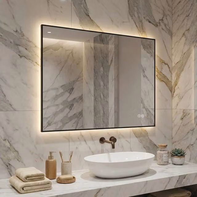 Specchio da bagno WISHDOR moderno con retroilluminazione LED, antiappannamento e dimmerazione, L: 60 cm, H: 80 cm, disponibile in argento o nero