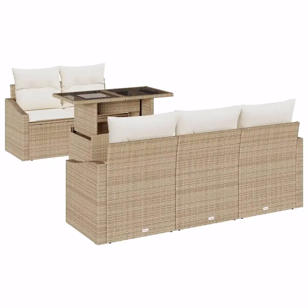 Set Divano da Giardino vidaXL 6 pz a Forma a L con Tavolino, Colore Beige e Bianco, in Polyrattan e Metallo con Cuscini Inclusi – 2
