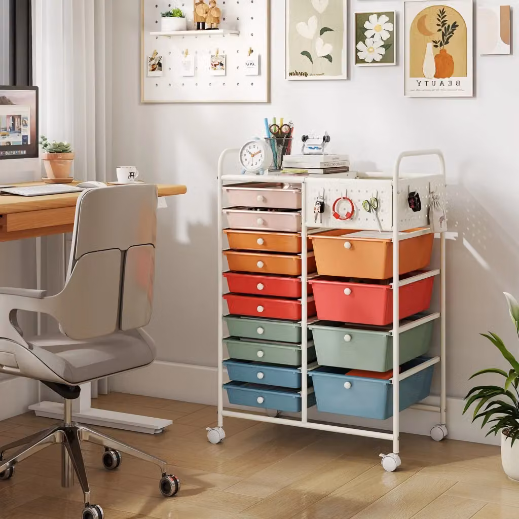 Carrello portaoggetti DESIGN IN con 14 cassetti rimovibili, piano in metallo e pannelli forati salvaspazio con ruote, Multicolore L: 87 cm, P: 63 cm, H: 37 cm – 2