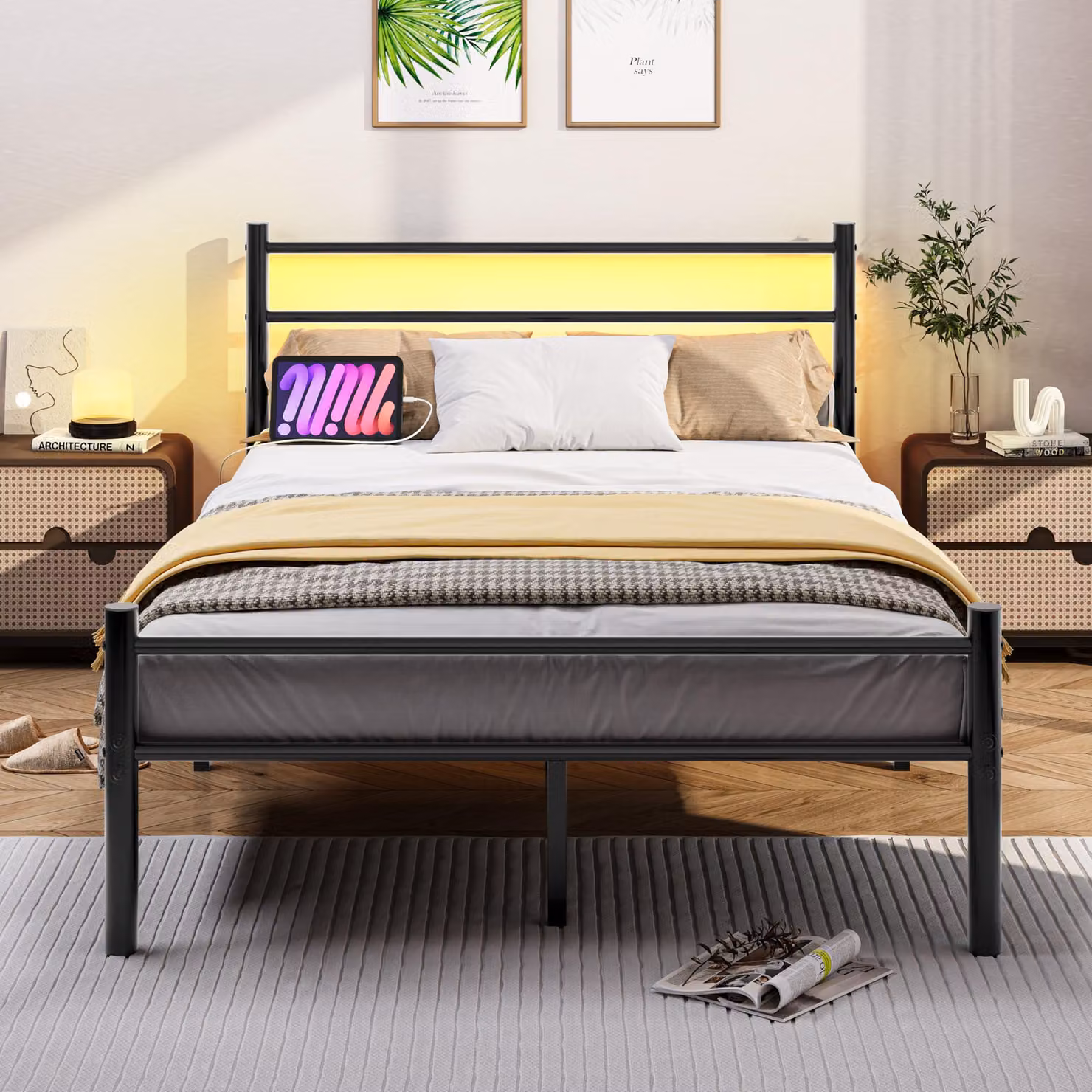 Letto matrimoniale 120x200 cm con rete a doghe, illuminazione LED e base di ricarica, colore nero