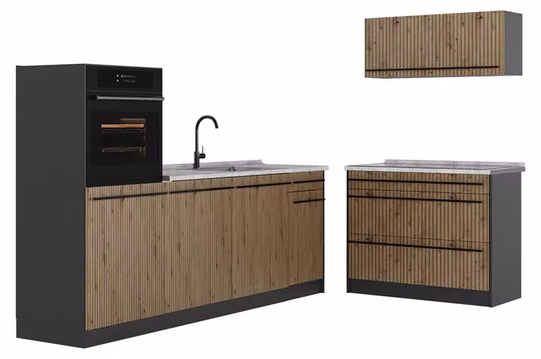 Cucina componibile Vicco R-Line Rovere artigianale/Antracite 220 cm piano di lavoro Marmo, Model 67415