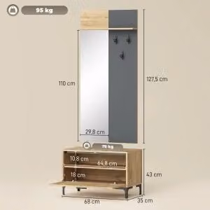 Set da ingresso con specchio a parete; panca scarpiera e 3 ganci; MDF; legno naturale e grigio
