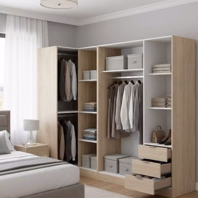 Guardaroba Atena DMORA, Armadio angolare per camera da letto con 5 ante battenti e cassetti integrati, Rovere, L: 214 cm, P: 90,5 cm, H: 184 cm – 1