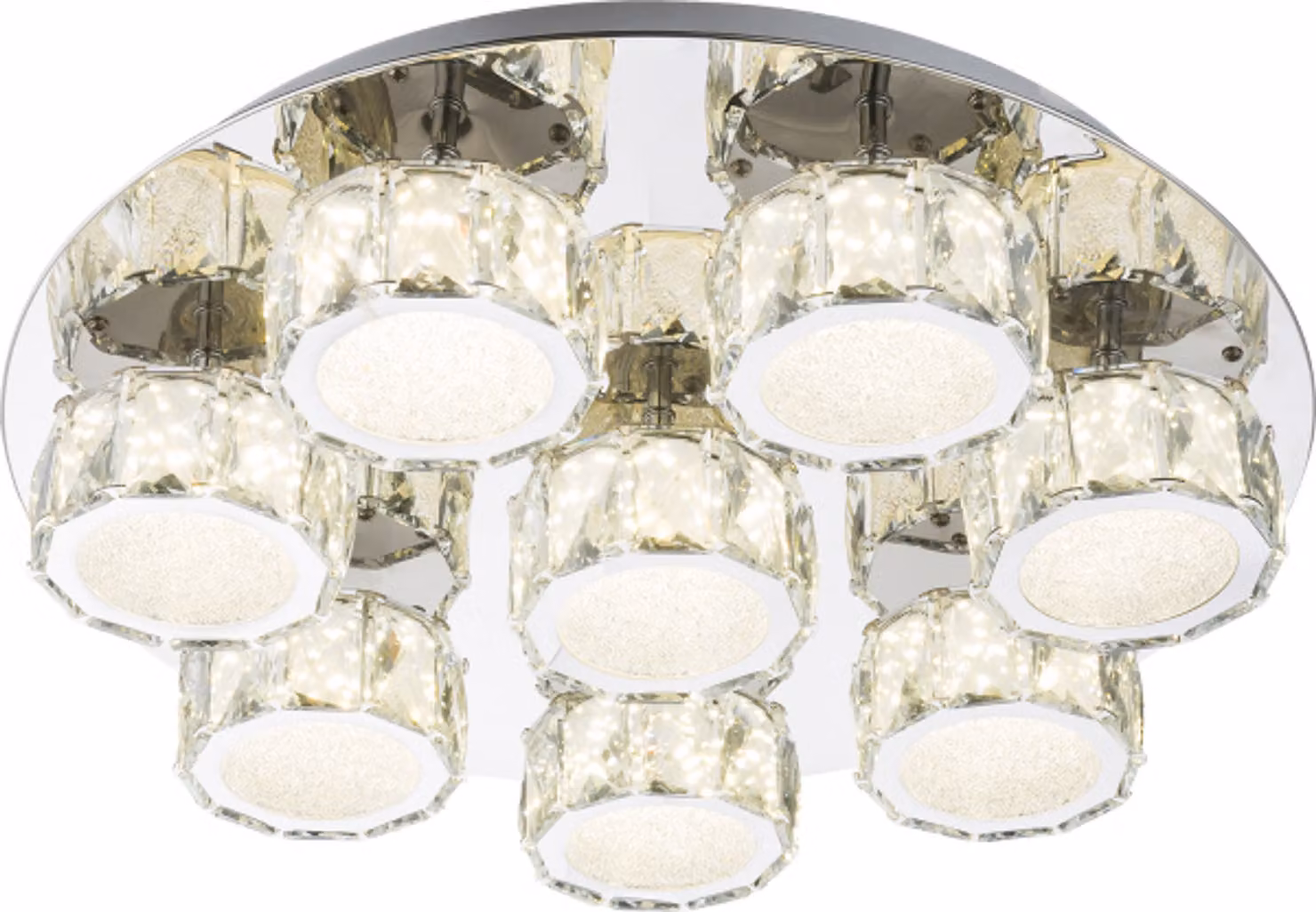 Globo Lighting plafoniera in metallo cromato, cristalli K5 trasparenti, acrilico satinato, dimmerabile, ø: 500mm, H: 110mm, incl. LED 64W 230V, sorgente 6400lm, potenza 4580lm, 4000K