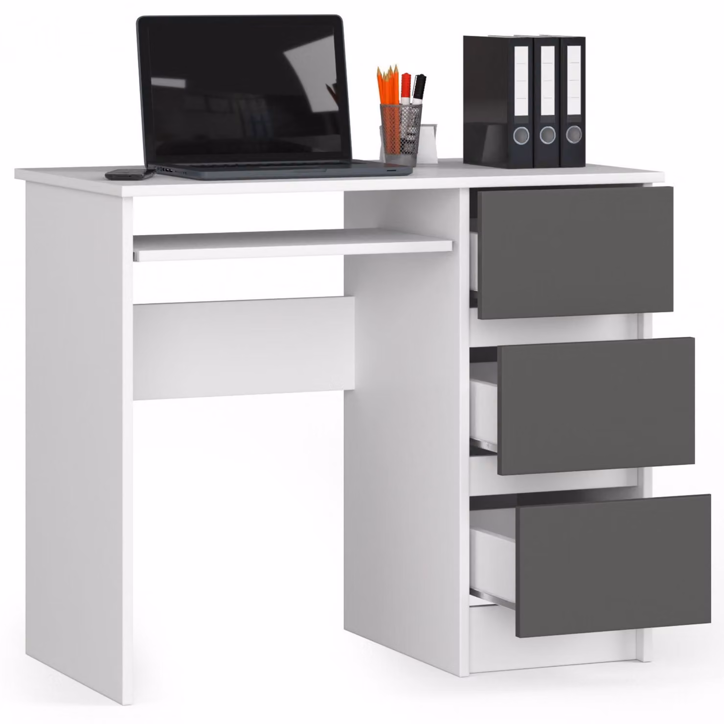 Scrivania da 90 cm con 3 cassetti e ripiano estraibile per tastiera; scrivania per computer, scrivania da lavoro