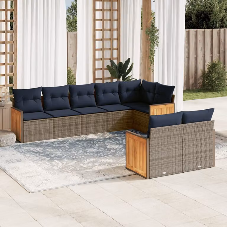 Set di divani da giardino vidaXL a forma di L composto da 8 pezzi con cuscini in polyrattan e struttura in metallo, colore grigio e blu
