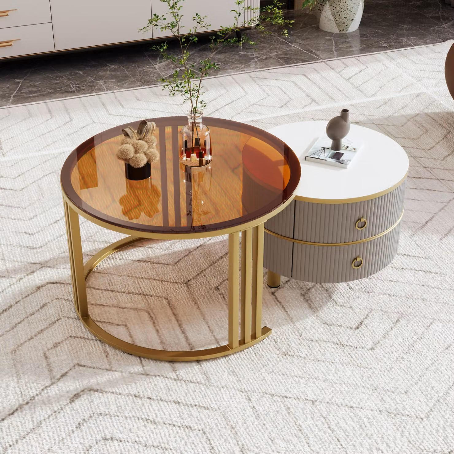Set di 2 tavolini tondi, 70 x 50 cm - con piano in vetro marrone, 2 cassetti - grigio