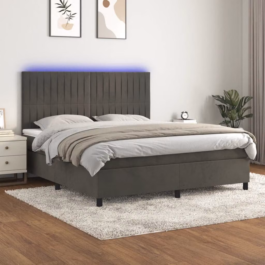 Letto Ibrido vidaXL con Materasso e Illuminazione LED, Rivestimento in Velluto Grigio e Bianco, L/P/H: 180 x 200 x 128 cm – 1