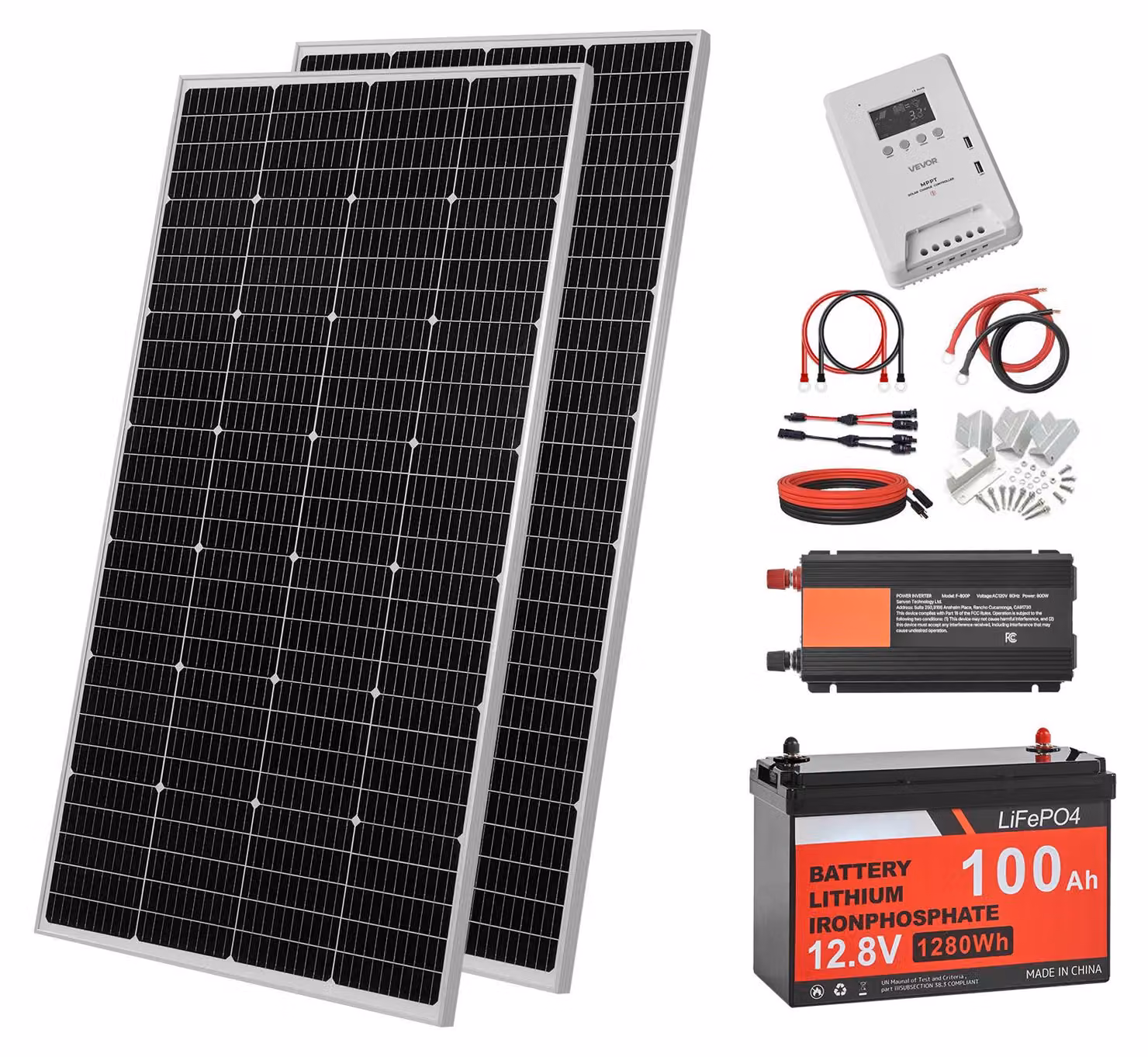 Kit completo di impianto solare SucceBuy da 400W, sistema autonomo con 2 pannelli solari monocristallini da 200W, batteria LiFePO4 da 12,8V e 100Ah, regolatore di carica MPPT da 40A e inverter da 12V e 1000W, sistema fotovoltaico per uso domestico