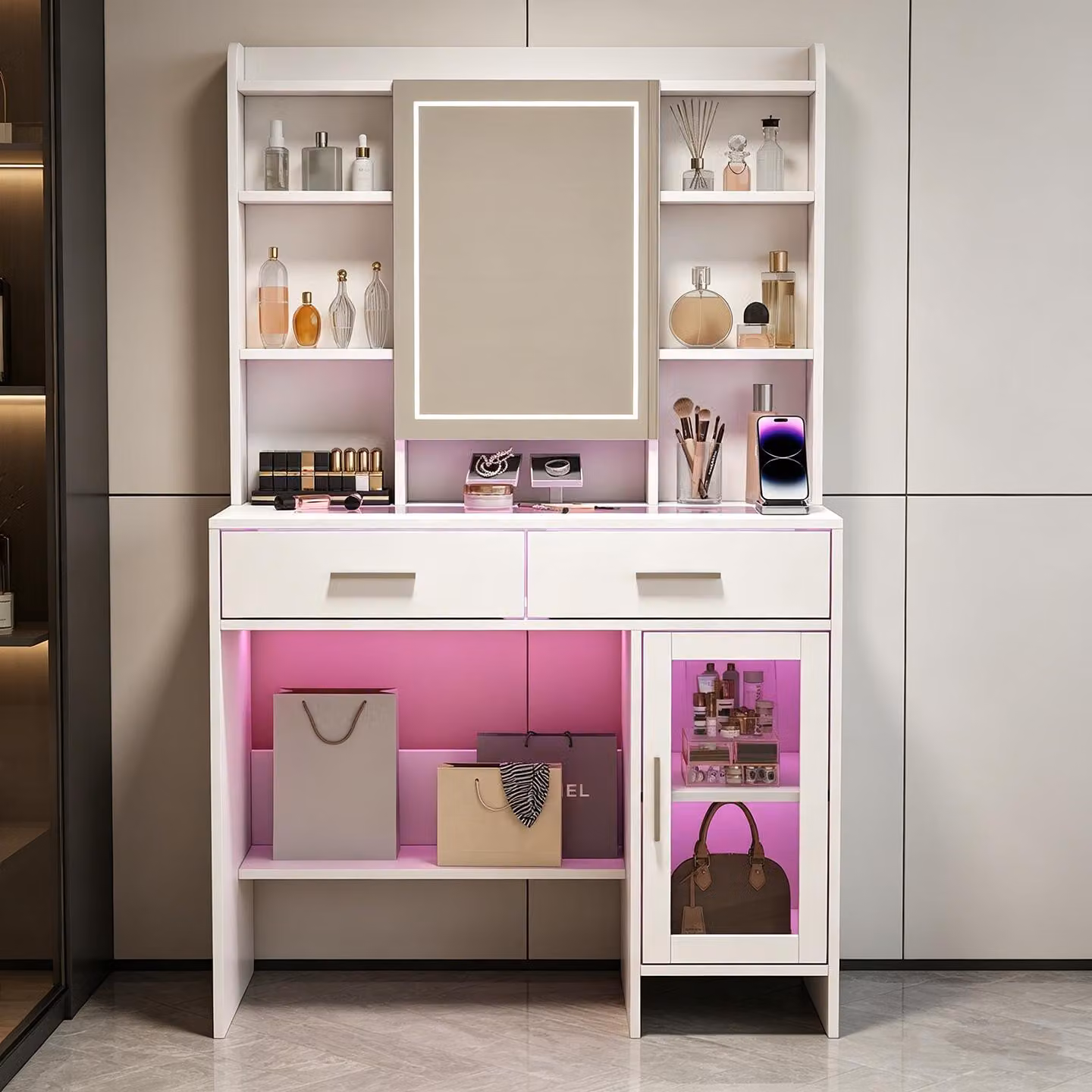 Comò da trucco INONEFT con illuminazione LED, luminosità regolabile, dotato di 2 cassetti e 1 anta, colore bianco