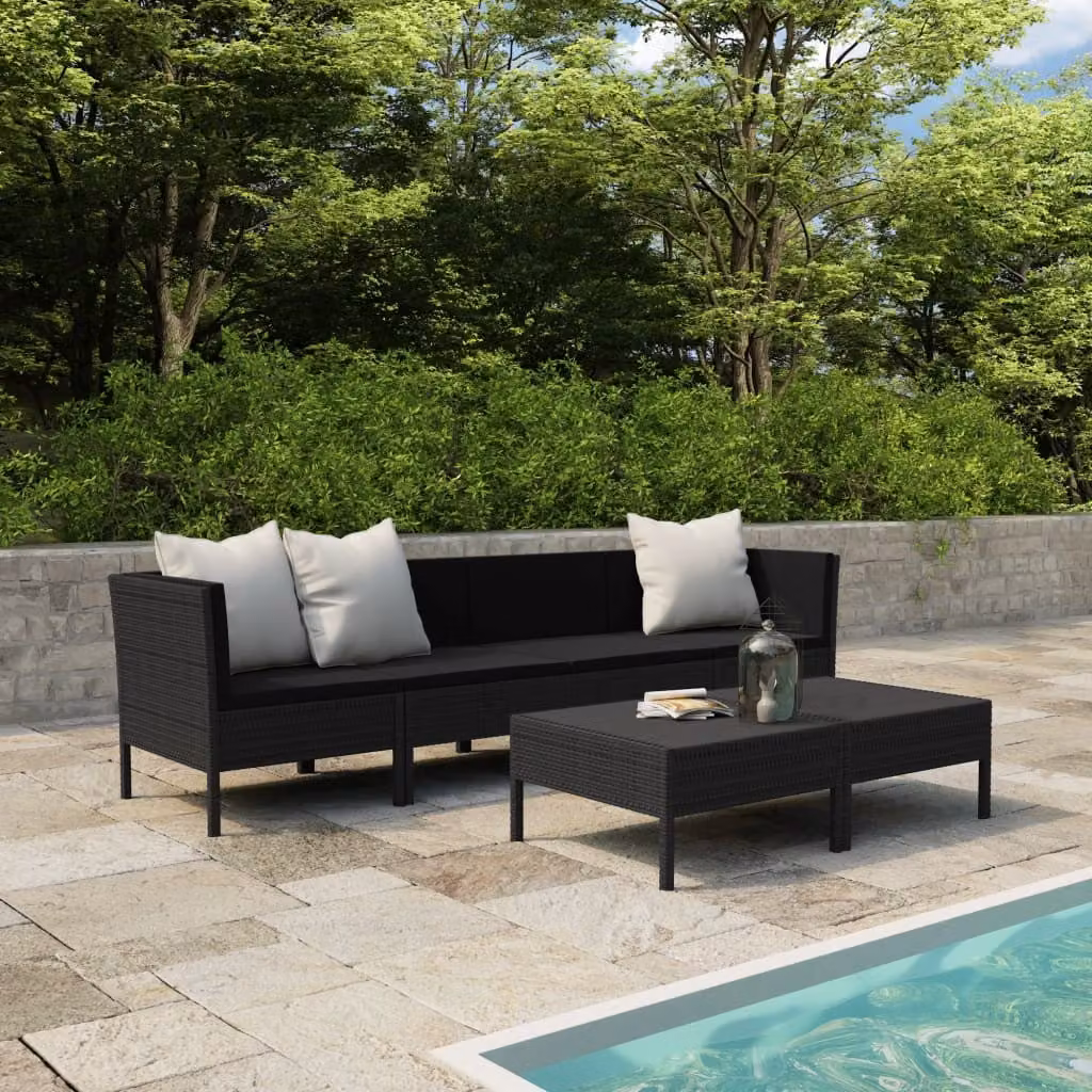 The Living Store Set da giardino da 6 pezzi con cuscini in poly rattan nero