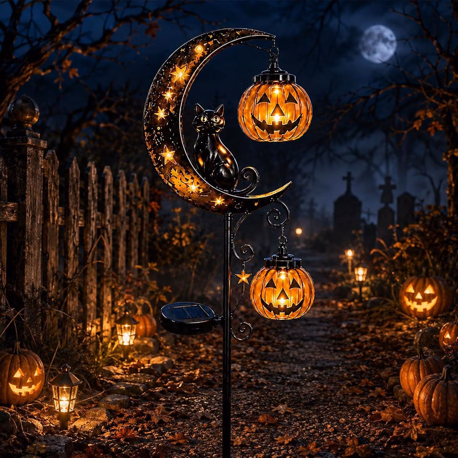 Lampada da giardino a tema Halloween, con una figura di un gatto nero e una zucca illuminata, impermeabile, ideale per la decorazione autunnale