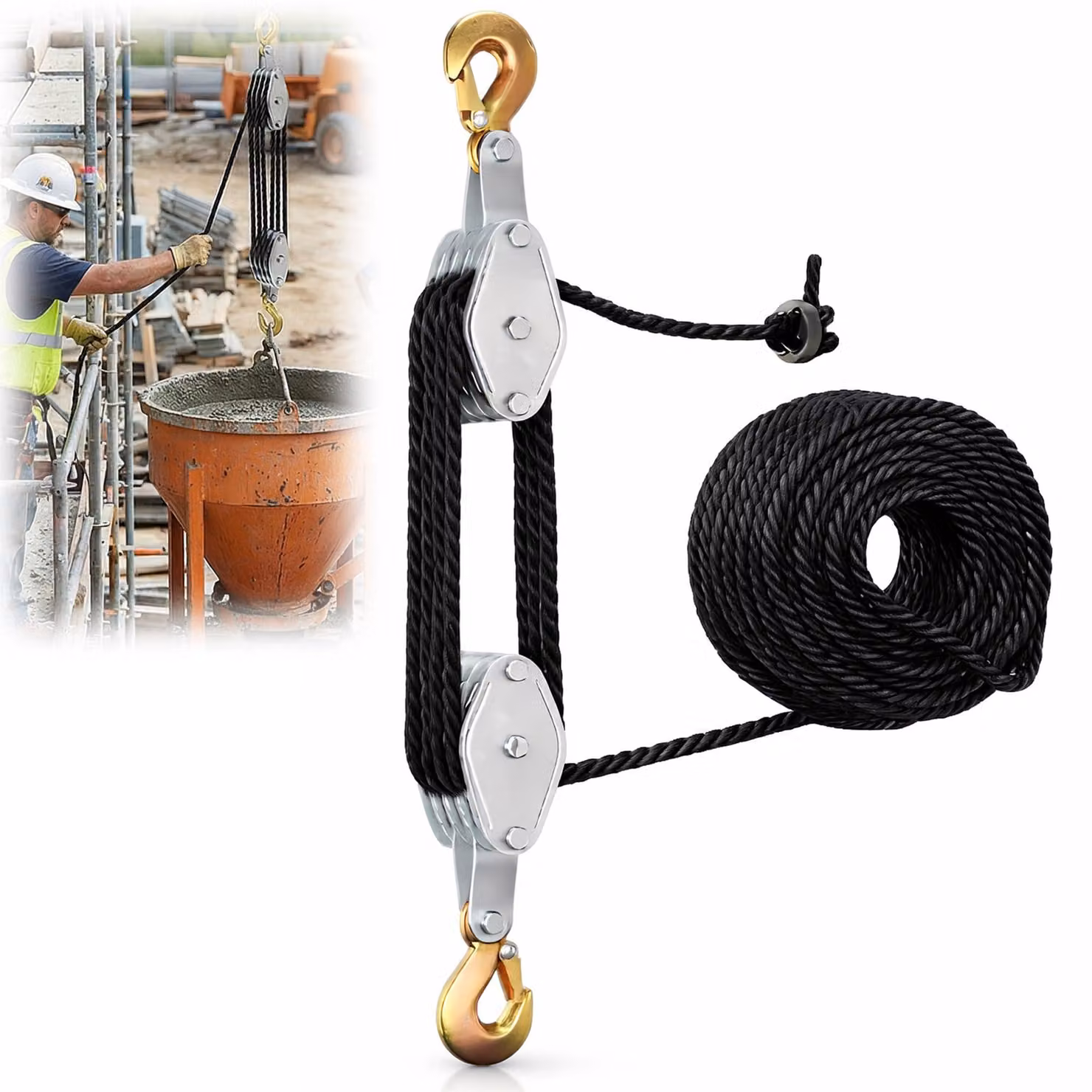 Tiragraffi con freno a fune, portata 2000 kg, rapporto di leva 8:1, cavo da 20 metri, colore nero