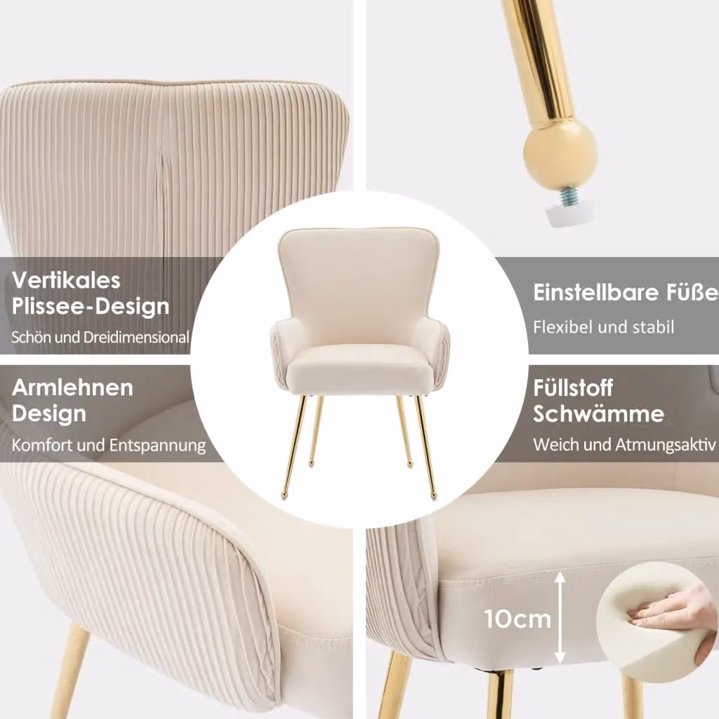 Set da 6 sedie in velluto REDOM color beige e oro con struttura in metallo per soggiorno e sala da pranzo – 2