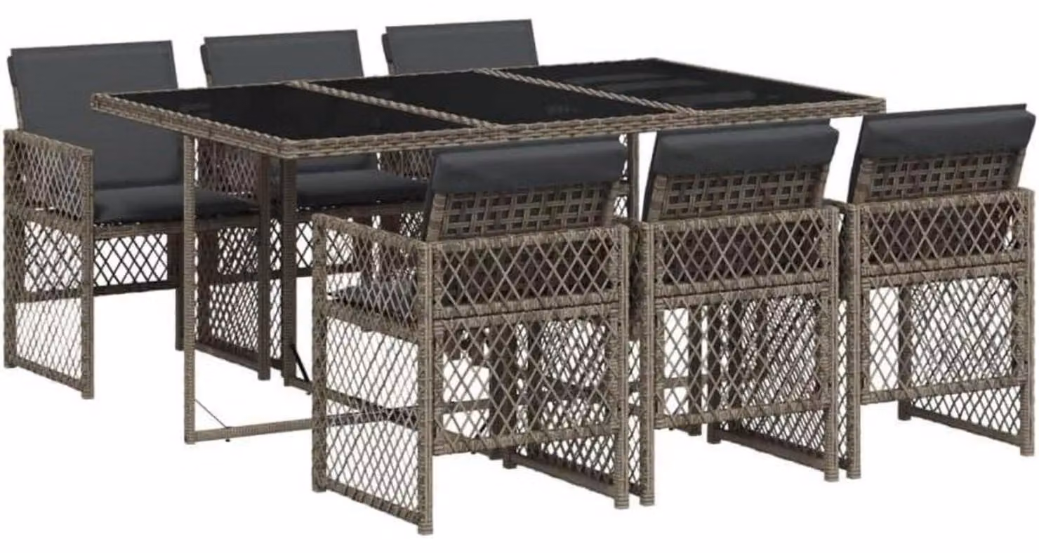 Set da pranzo per esterno, composto da 7 pezzi: tavolo, 6 sedie e cuscini, realizzato in rattan sintetico/vetro, colore grigio