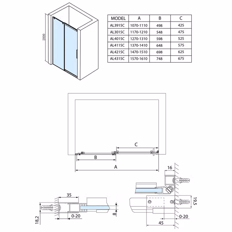 Polysan Altis Line - Porta doccia in due parti 1470-1510 mm, alluminio lucido/vetro trasparente AL4215C