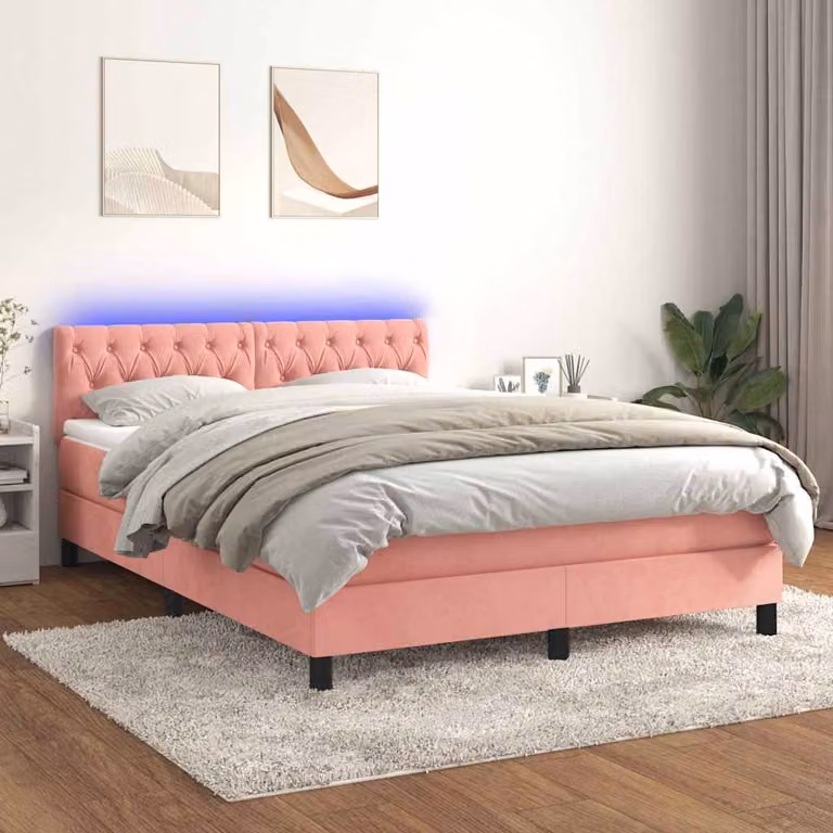 Letto a Molle con Materasso e LED vidaXL in Velluto Rosa e Bianco, L/P/H: 140 x 190 x 88 cm