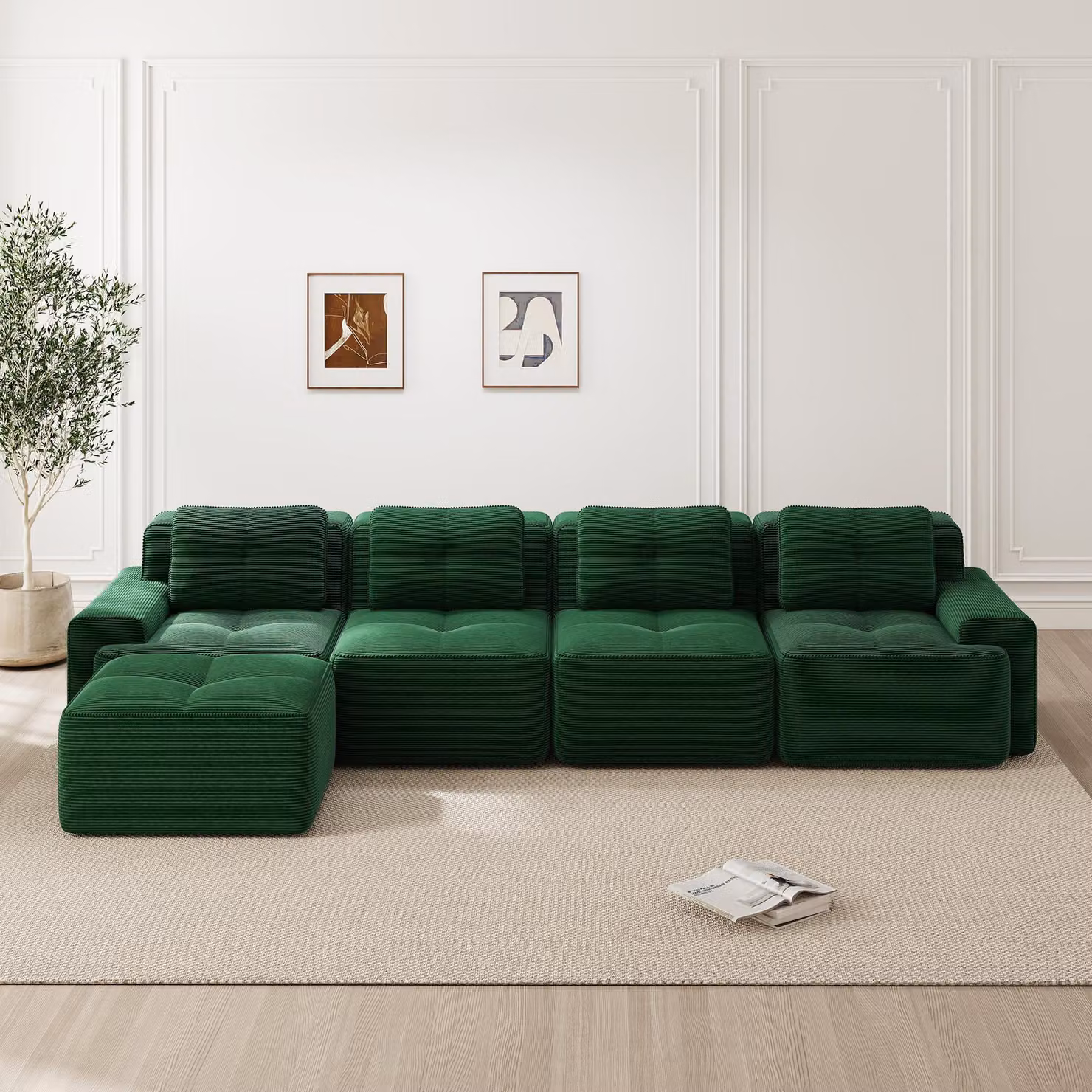 Divano angolare senza braccioli, a forma di L, per 4 persone, rivestito in corda, con seduta profonda, senza necessità di montaggio, antiscivolo (verde)