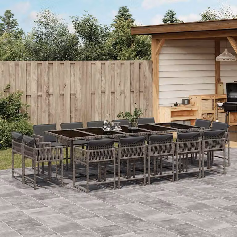 vidaXL Set da Pranzo da Giardino 15 pz in Polyrattan con Cuscini Grigio e Nero e Tavolo in Vetro