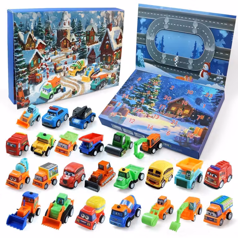 Calendario dell'Avvento a tema auto, 24 pezzi, set da costruzione con carta da gioco, ideale per bambini e ragazzi dai 3 ai 13 anni