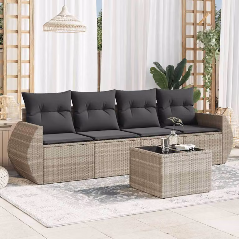 vidaXL Set Divano da Giardino a L in Polyrattan Grigio con Cuscini e Tavolino da Esterno