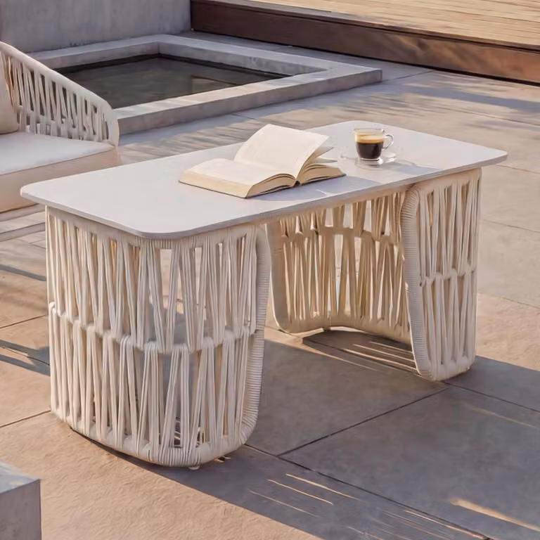 Tavolo da salotto HWC-P90, tavolo da giardino, tavolo da balcone, outdoor, intreccio in corda, pietra sinterizzata 43x90x45 cm ~ crema, piano crema