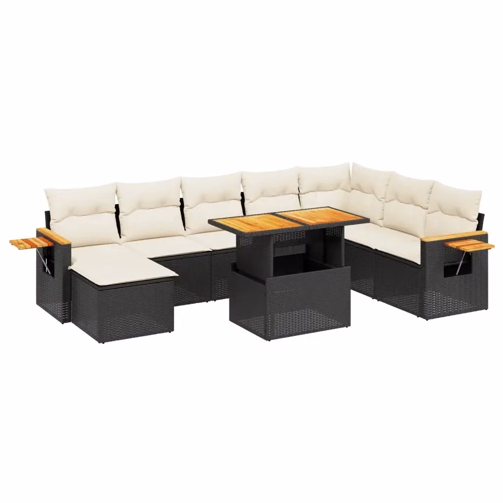 vidaXL Set Divani da Giardino 9 pz in Polyrattan Nero con Cuscini e Tavolino da Esterno – 2