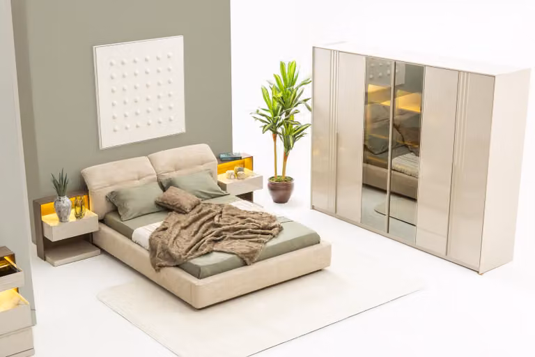 Elegante set di 4 pezzi: letto, comodini e armadio per la tua camera da letto