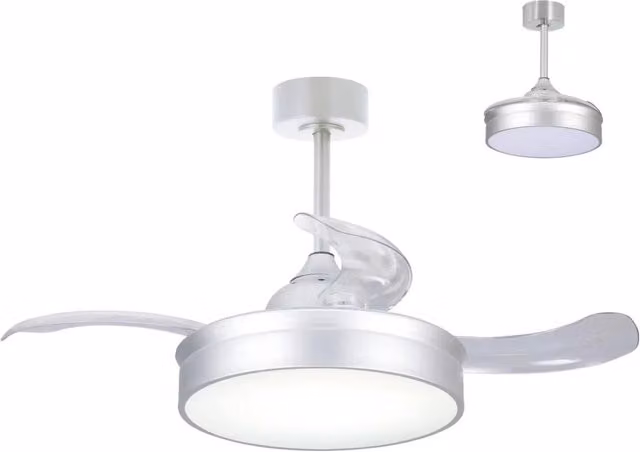 LÚZETE - VENTILATORE DA SOFFITTO LED 24W REGOLABILE ARGENTO 4 PALE PIEGHEVOLI MOTORE DC PALMA