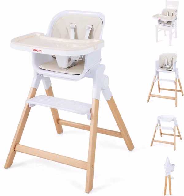 Seggiolone pappa pieghevole 4 in 1 con gambe in legno e vassoio doppio rimovibile per neonati 6-36 mesi, Beige – 1