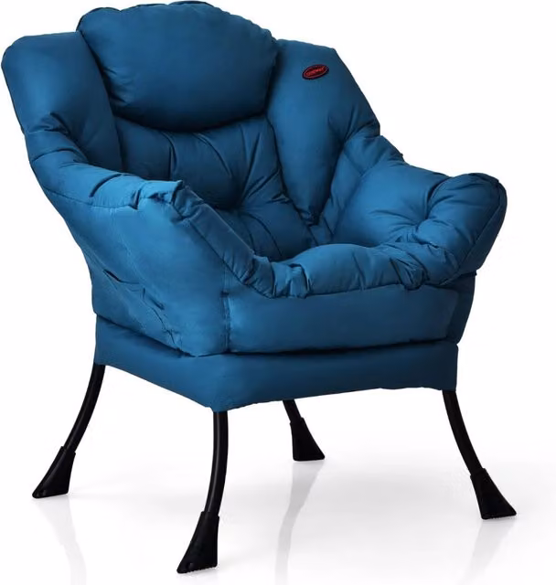 Poltrona moderna in tessuto blu con struttura in metallo e braccioli per soggiorno o ufficio