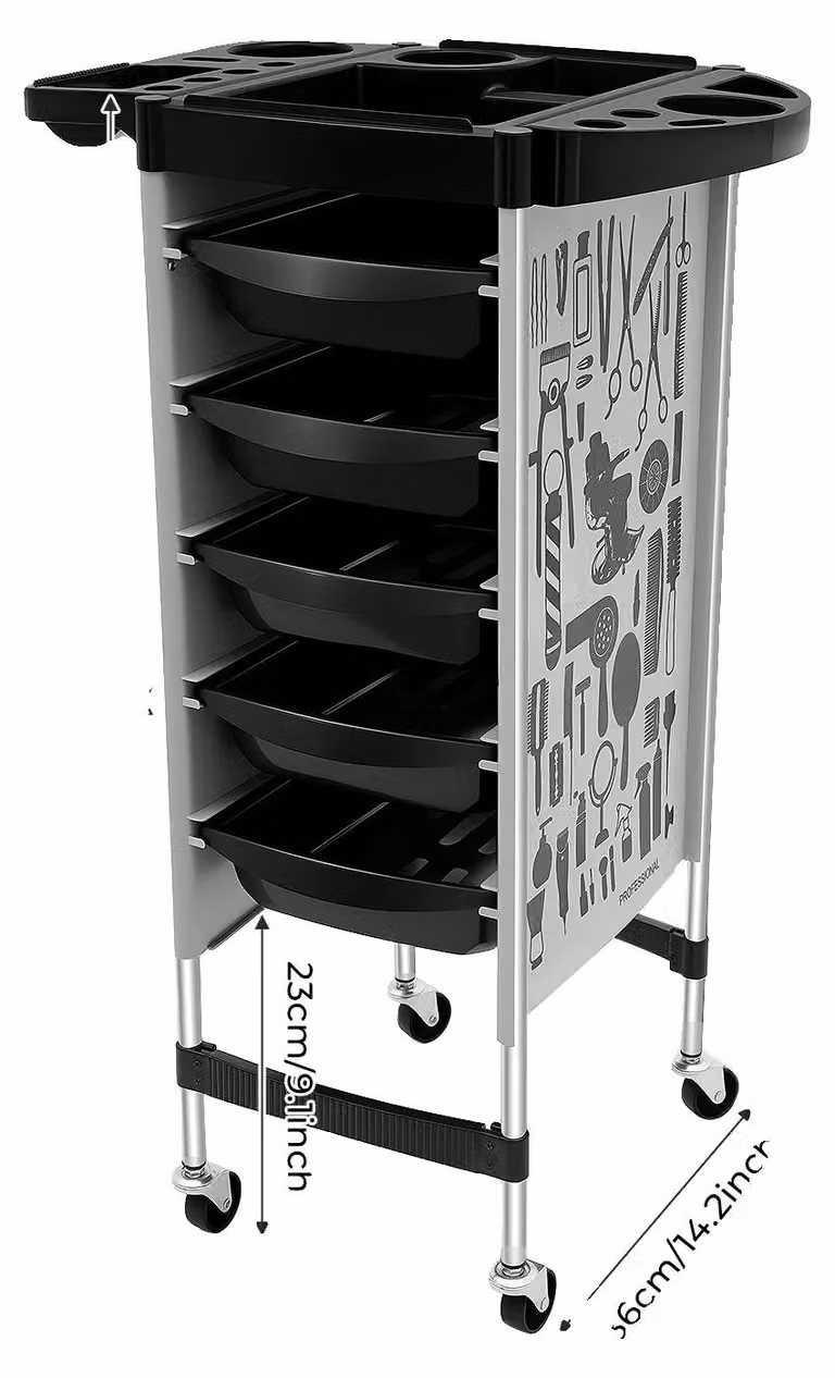 Carrello per parrucchiere, con cassetti estraibili, ruote universali, colore nero