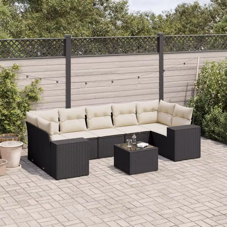 vidaXL Set Divani da Giardino a L con Cuscini 8 pz in Polyrattan Nero e Bianco