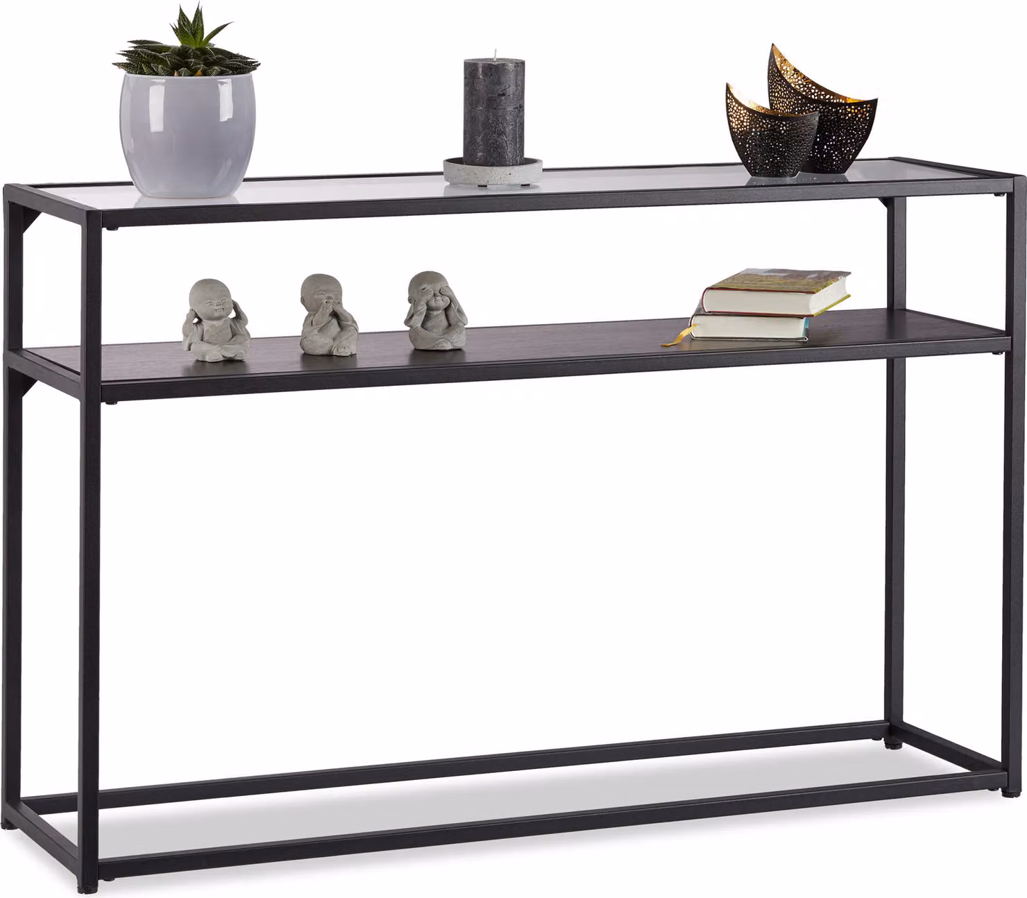 Tavolino da salotto Relaxdays in vetro, piano trasparente, struttura in metallo, ripiano, 4 gambe, A x L x P: 70,5 x 110 x 30 cm, nero