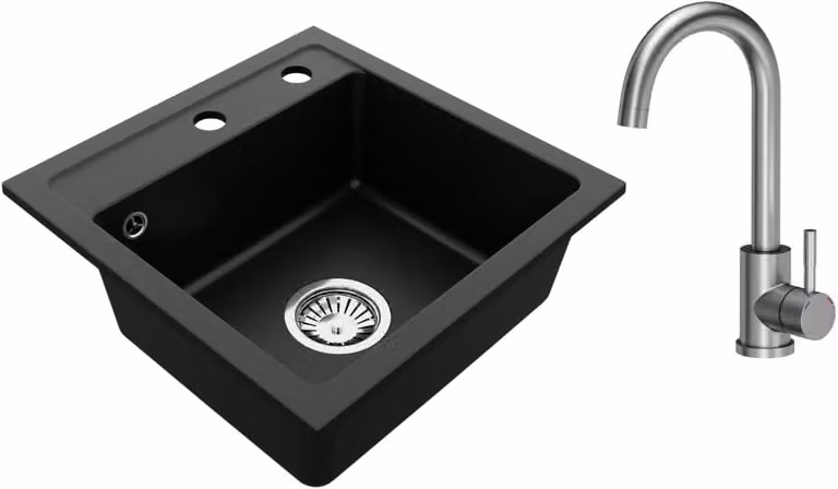 VBChome Lavello in granito 44 x 44 cm Nero con rubinetto Lavello da incasso a vasca singola Speckled Lavello di facile manutenzione con sifone Ideale per piccole cucine