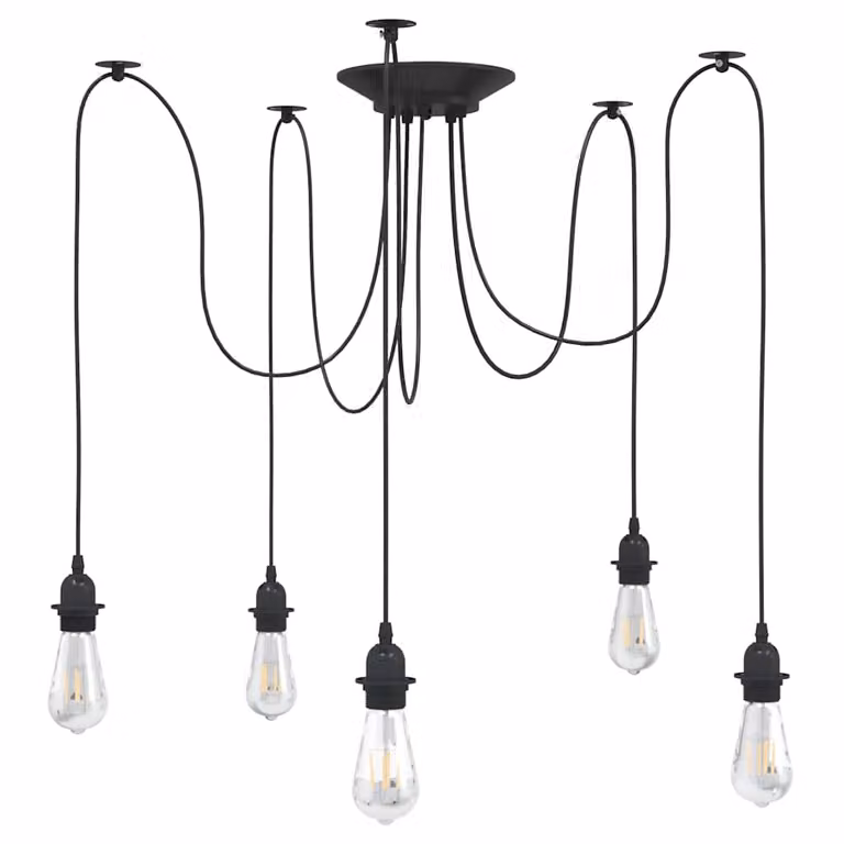 vidaXL Lampada a Sospensione Industriale in Metallo Nero con 5 Portalampada E27 e Vetro Trasparente, Altezza Regolabile