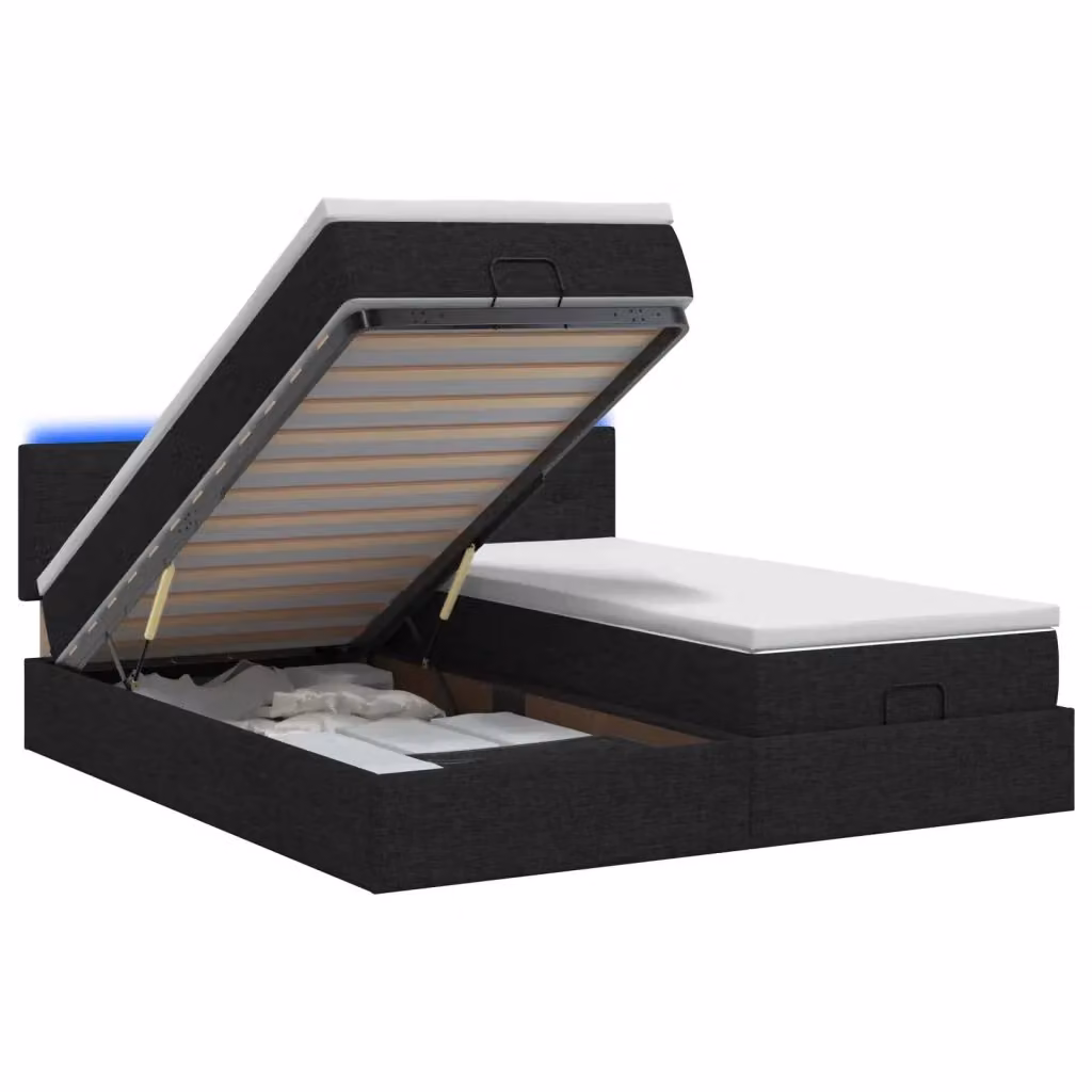 Letto Ottomano Moderno vidaXL con Materasso Ibrido, Illuminazione LED Sottostante e Porte USB, Tessuto Nero o Bianco, L/P/H: 203 x 160 x 88 cm – 2