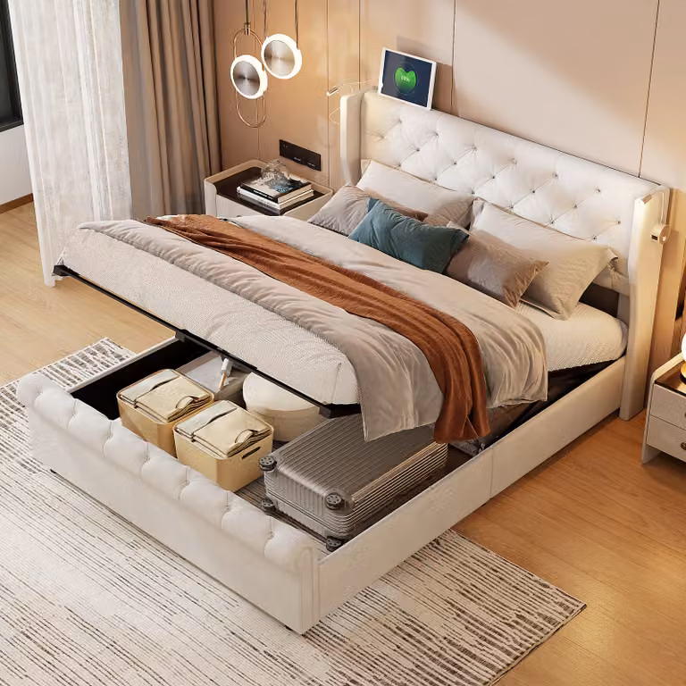 Letto imbottito Fortuna Lai 160x200 cm, letto matrimoniale con rete a doghe e giroletto, testata, letto contenitore per adulti, beige