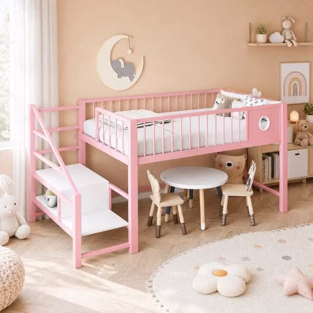 Letto a soppalco basso REDOM in metallo rosa con scala e scomparti laterali L/P/H: 200 x 90 x 151 cm