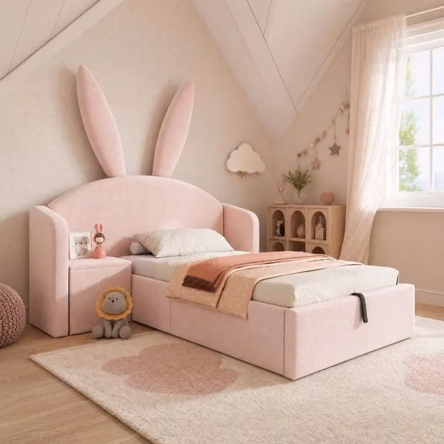 Letto imbottito 90x190 cm in velluto rosa con contenitore e comodino