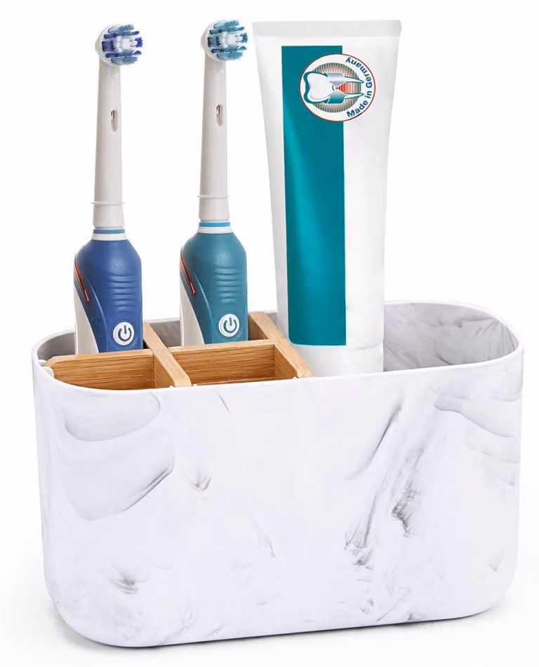Porta spazzolini da denti e organizer per il bagno con 6 scomparti, colore nero, realizzato in plastica ABS con inserto in bambù, dimensioni 18x10x8 cm