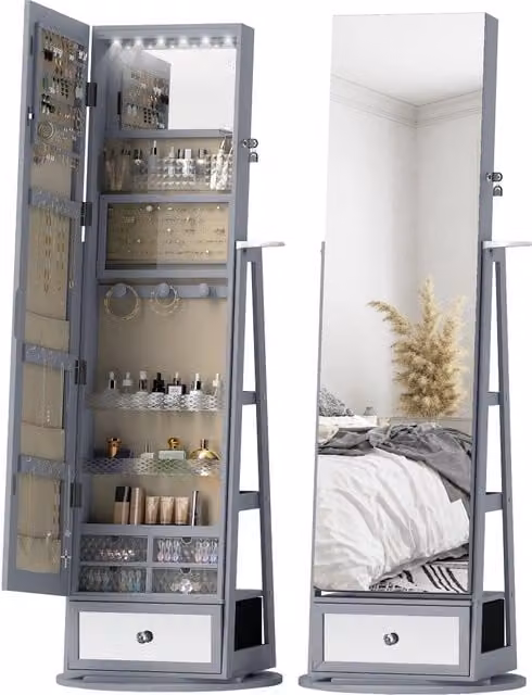 Specchio portagioielli con LED ¨C Xylo ¨C girevole 360¡ã con cassetto e serratura grigio chiaro