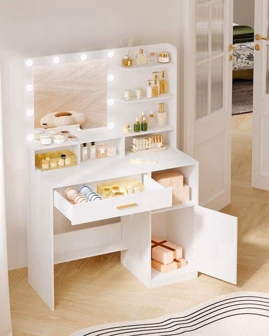Mobili per la camera da letto - Comodino con specchio e 10 luci LED dimmerabili, in bianco, dal design moderno e minimalista