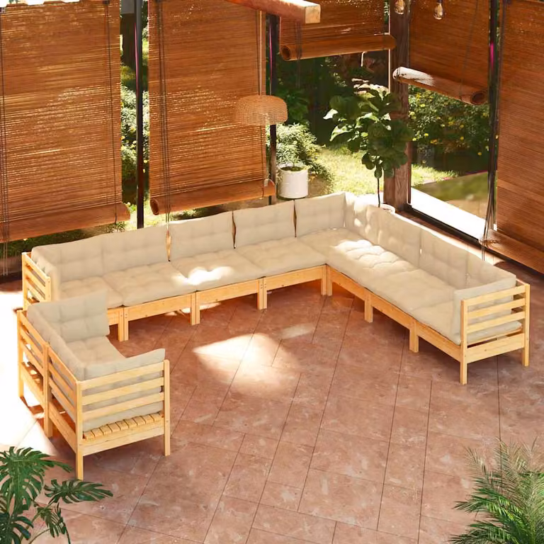 Set di divani da giardino vidaXL a forma di U composto da 10 pezzi in legno massello di pino con cuscini beige