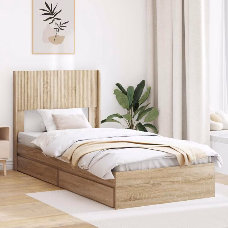 vidaXL Struttura letto con contenitore e testata in Rovere Sonoma, Marrone, L: 140 cm, P: 193 cm, H: 82 cm