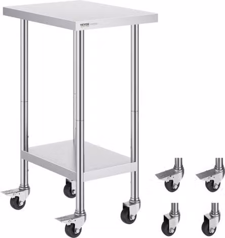 Tavolo da lavoro VEVOR in acciaio inox color argento con 4 ruote e 3 livelli di altezza regolabili per cucina commerciale e ristorazione