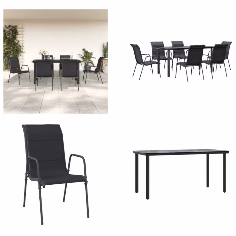vidaXL set da pranzo da giardino 7 pezzi acciaio nero e textilene - set da pranzo da giardino - gruppo di sedute da giardino - gruppo di sedute da esterno - tavolo da giardino