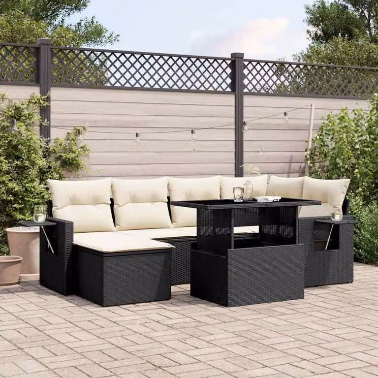 Set Divano da Giardino a L vidaXL in Polyrattan Nero con 7 Cuscini e Tavolino